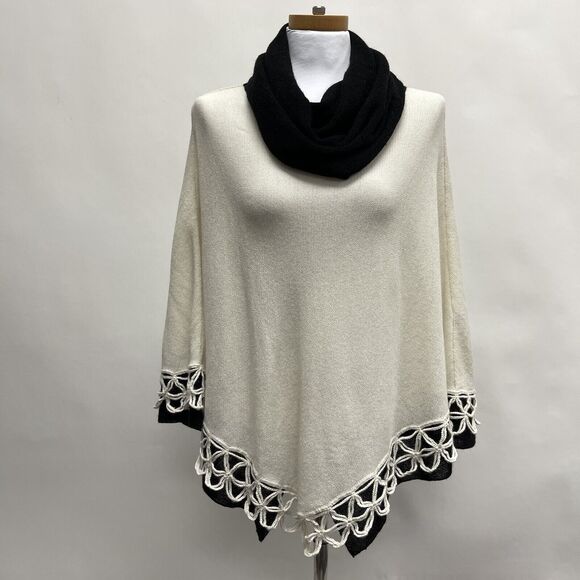 Peru Etnico Poncho Cowl Neck Sweater One Size 100% Baby Alpaca Off-white Black - Picture 1 of 8